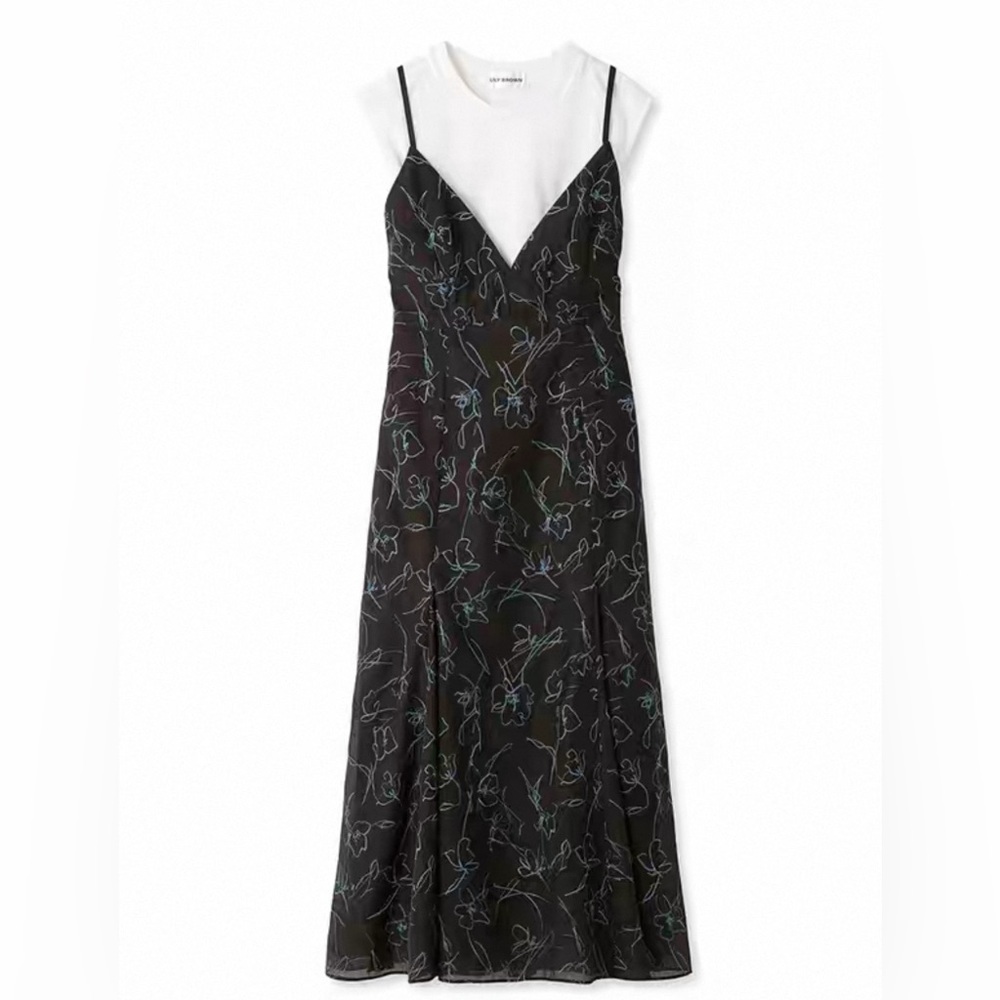 Lily brown Floral Black Midi Dress